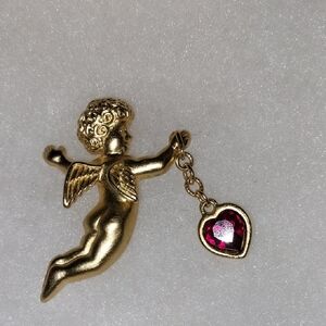 Gold Toned Vtg. Weingeroff Angel Brooch with Red Heart Charm